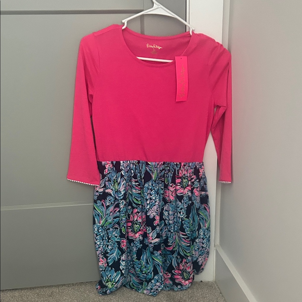 Lilly Pulitzer Girls Pink Fit and Flare Dress 3/4 Sleeve Crew Neck Never Worn